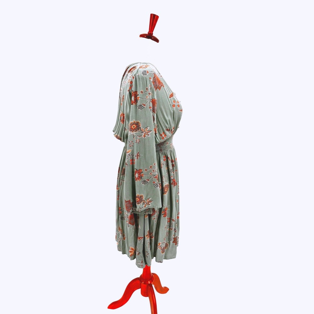 Kings Road V-Neck Dress Womens L Mint Green Brown Floral Bell Sleeve Excellent - Picture 6 of 10